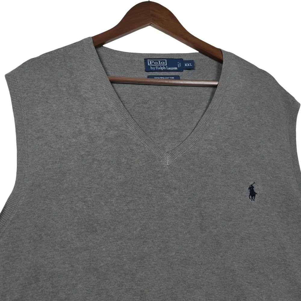 Polo Ralph Lauren XXL Pima Cotton Sweater Vest Gray V-Neck Blue Pony Preppy Golf